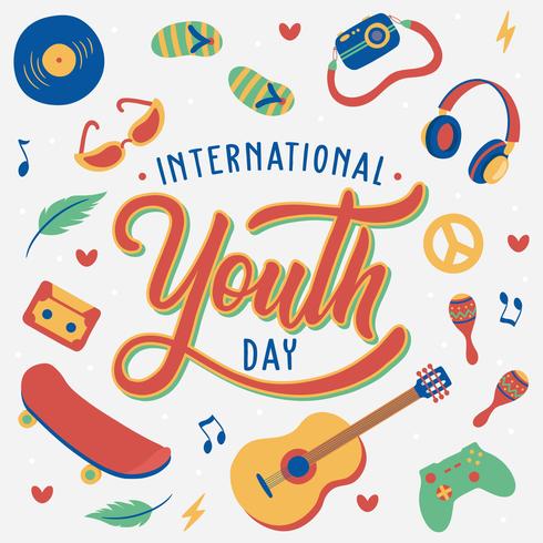 Hand Lettering International Youth Day. 12 augusti. Handdragen Illustration, musik, skateboard, gitarr, kamera, headset, solglasögon, folk, ung. Vektor - Illustration