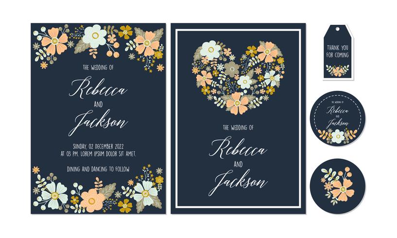 Navy Floral, Flower Bröllop Inbjudan, Tack kort, Etiketter, Coaster Utskriftsbara mallar med blommor, blomma Collection vektor