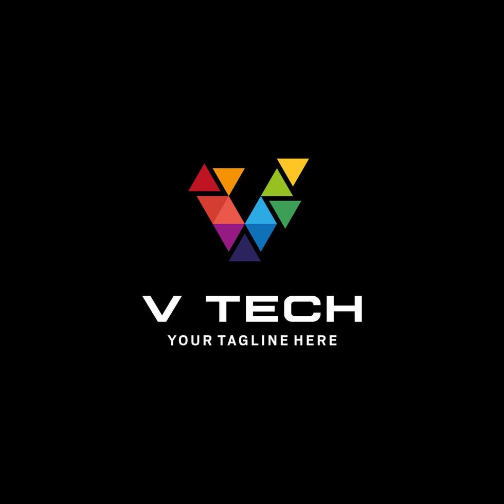 färgglada bokstaven v tech logotyp design vektor med pixel rörelse koncept. multimedia, digital, teknik, innovation symbol ikon mall.