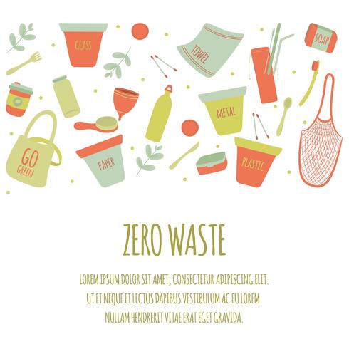 Hand Drawn Zero Avfall Element Icon Set Bakgrund. Eco Green.Less Plast Eco Eco Friendly. Eco Green. Eco Life. Jordens dag. Infographic. Vektor - Illustration