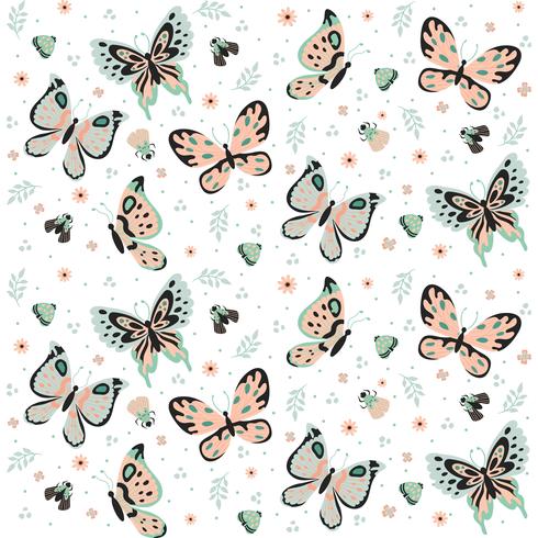 Übergeben Sie gezogenes nahtloses Muster der Schmetterlinge, des Insekts, der Blumen und der Anlage, das auf weißem Hintergrund lokalisiert wird - Vector Illustration