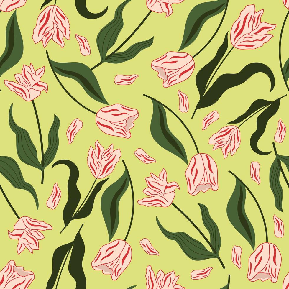 sömlösa mönster av rosa tulpaner, löv, kronblad. platt modern illustration. vektor