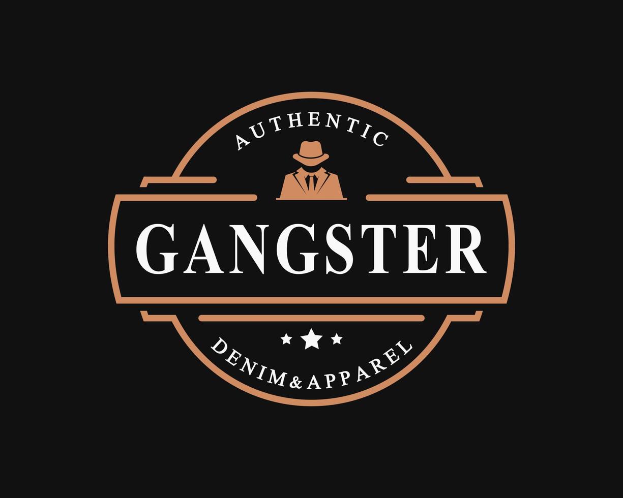 Vintage Retro-Abzeichen für Gangster und Mafia-Mann im schwarzen Anzug-Logo-Emblem-Design-Symbol vektor