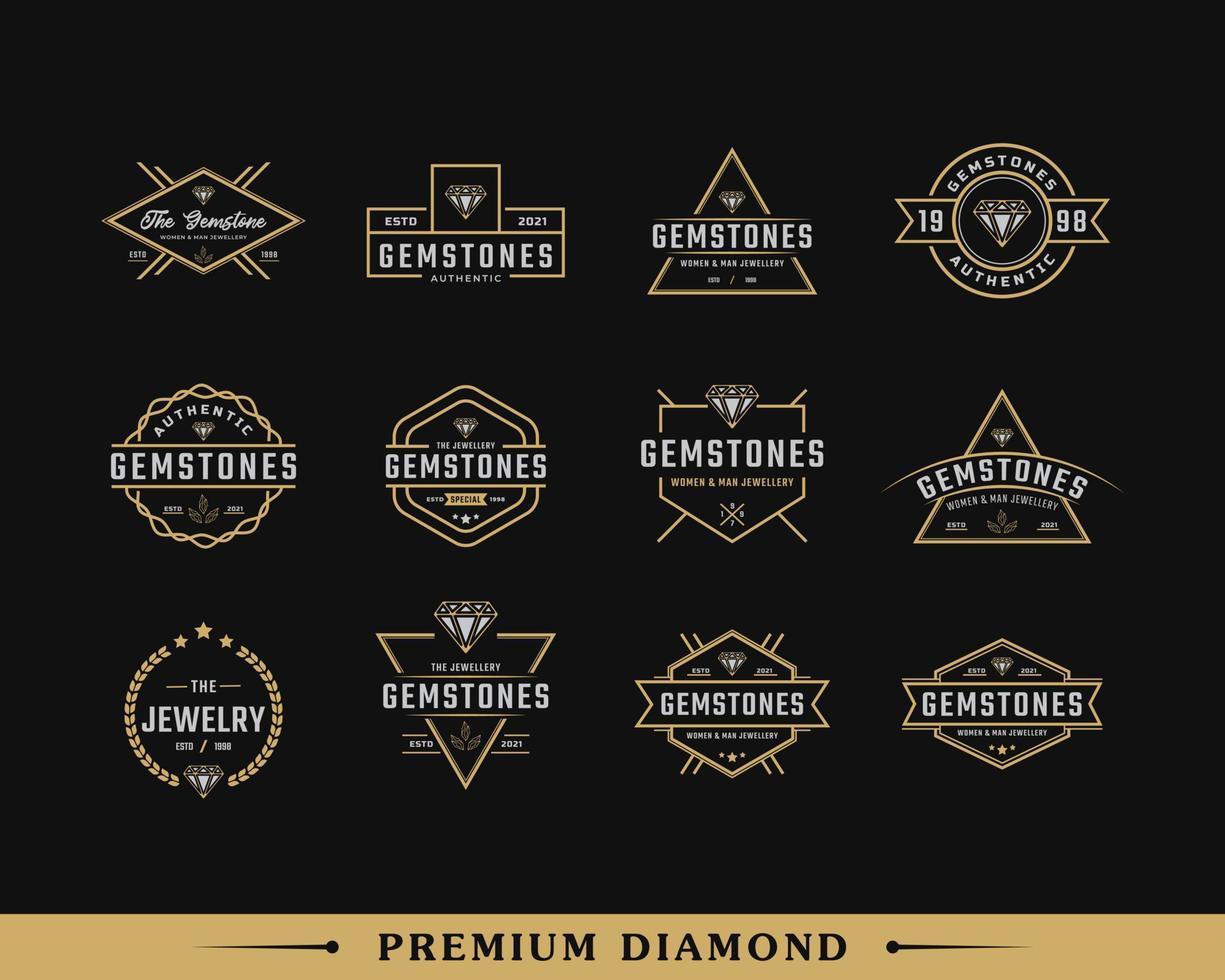 uppsättning klassisk vintage retro etikett märke för lyx linjekonst diamant pärla smycken logotyp design inspiration vektor