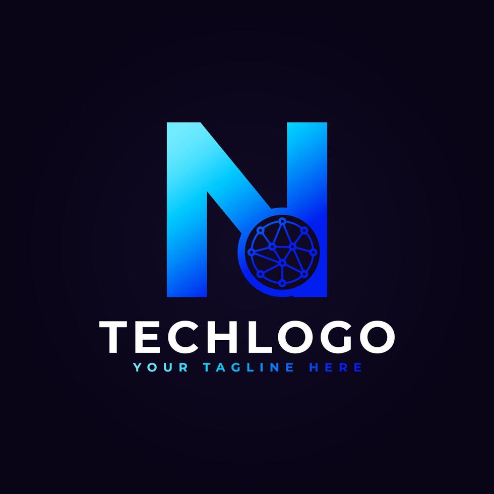 tech bokstav n logotyp. blå geometrisk form med punktcirkel ansluten som nätverkslogotyp vektor. användbar för företags- och tekniklogotyper. vektor