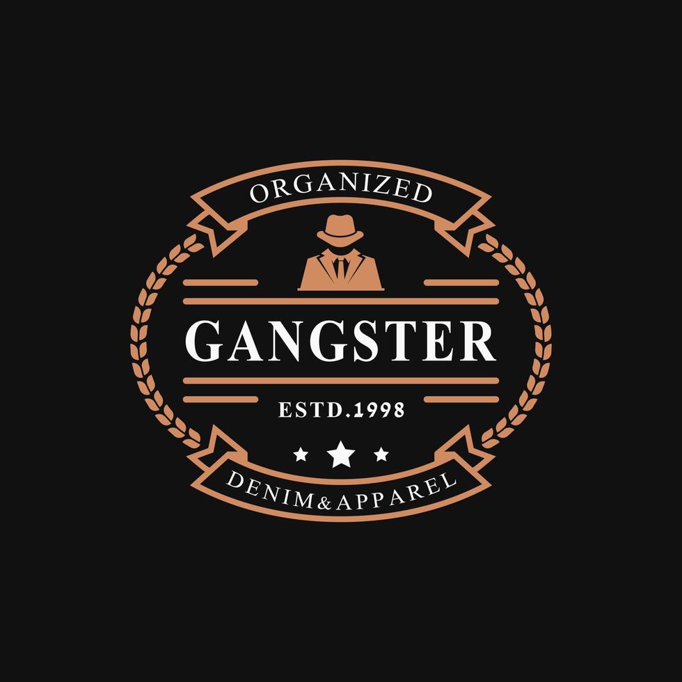 vintage retro märke för gangsters och maffiaman i svart kostym logotyp emblem designsymbol vektor