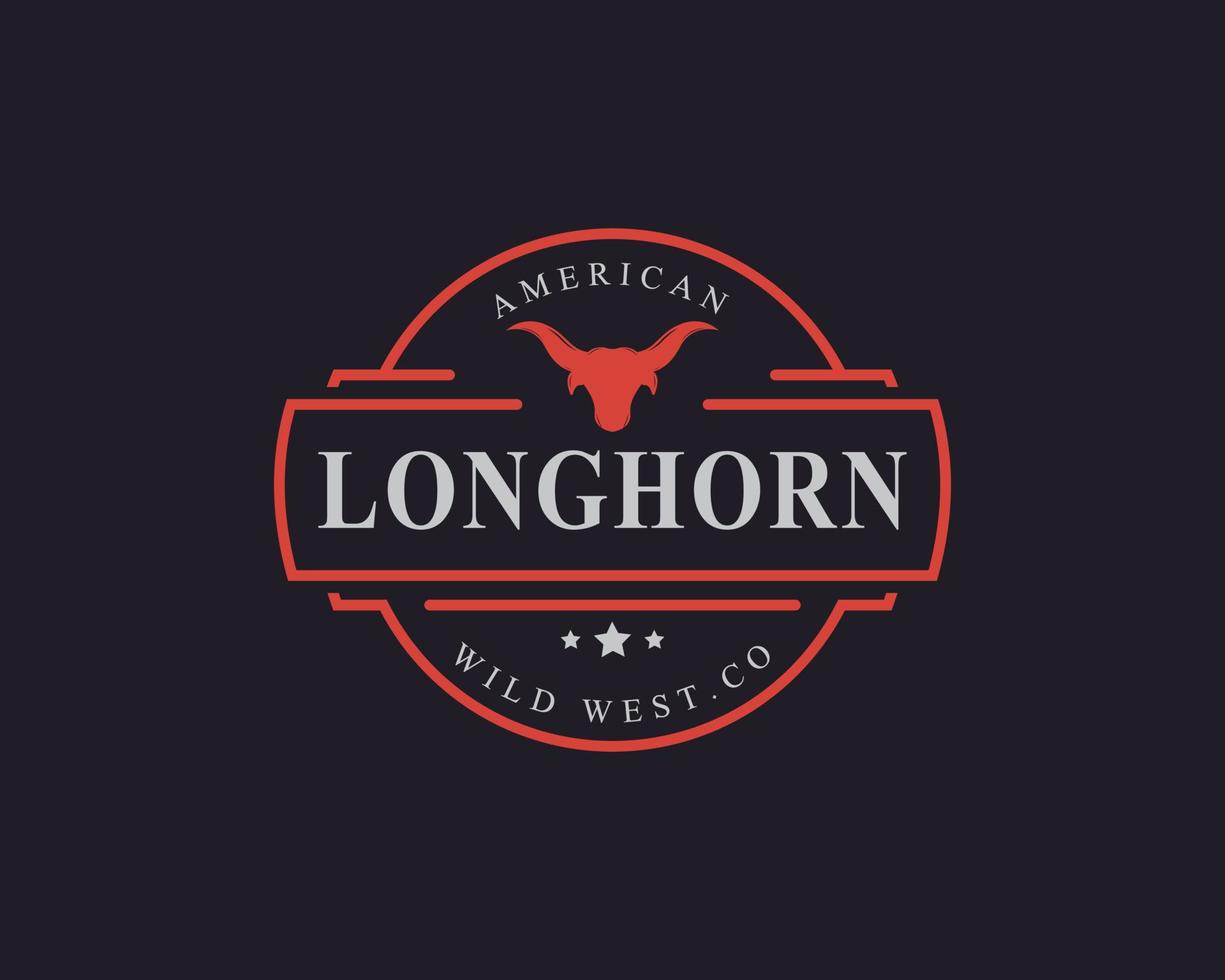 vintage retro-abzeichen für texas longhorn kuh, country western bull head familie landschaft farm logo design template element vektor