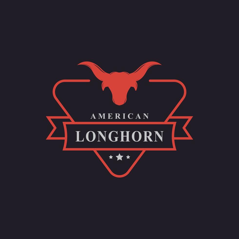 vintage retro-abzeichen für texas longhorn kuh, country western bull head familie landschaft farm logo design template element vektor