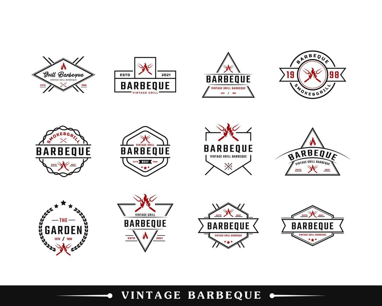 Set klassischer Vintage-Retro-Label-Abzeichen für Grill-Barbeque-Barbecue-Barbecue mit gekreuzter Gabel und Feuerflammen-Logo-Design-Inspiration vektor