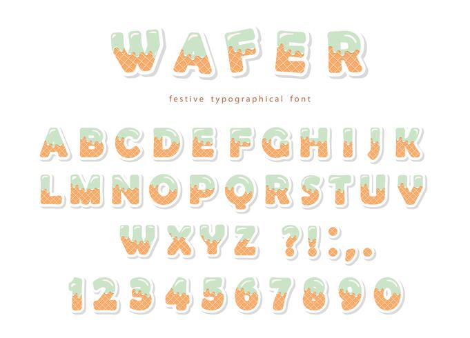 Wafer-Schriftart. Nette süße Buchstaben und Zahlen können für Geburtstagskarte, Babyparty, Valentinstag, Süßigkeitengeschäft, Mädchenzeitschrift, Collagen benutzt werden. Isoliert. vektor