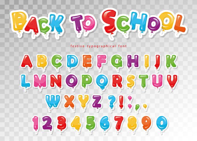 Tillbaka till skolan. Ballong papper cutout typsnitt för barn. Roliga ABC bokstäver och siffror. För födelsedagsfest, baby shower. vektor
