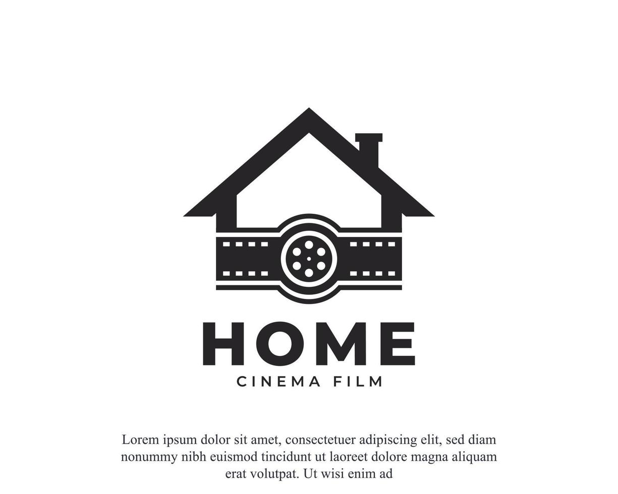 fastigheter bio ikon. logotyp kombination av hus och filmränder för filmproduktion designmallelement vektor