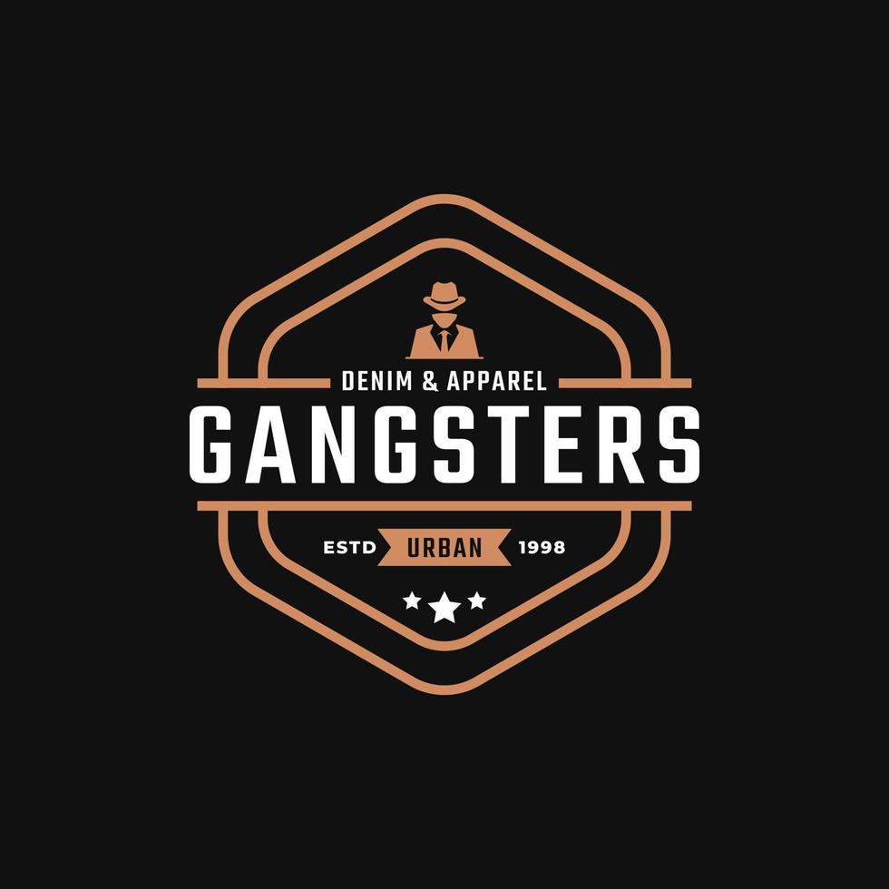 klassisches Vintage-Retro-Label-Abzeichen für Gangster und Mafia-Logo-Design-Inspiration. Mann im schwarzen Anzug-Symbol vektor