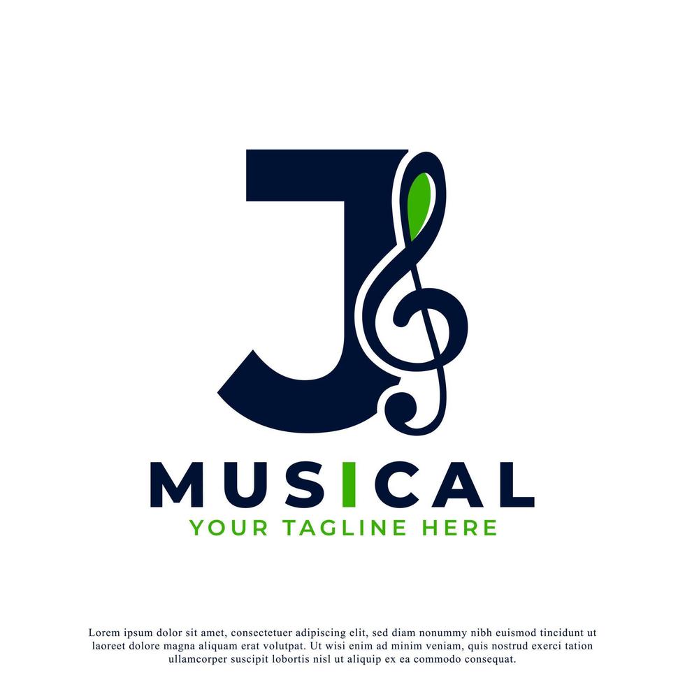 bokstaven j med musik nyckelnot logotyp designelement. användbar för logotyper för företag, musik, underhållning, skivor och orkester vektor