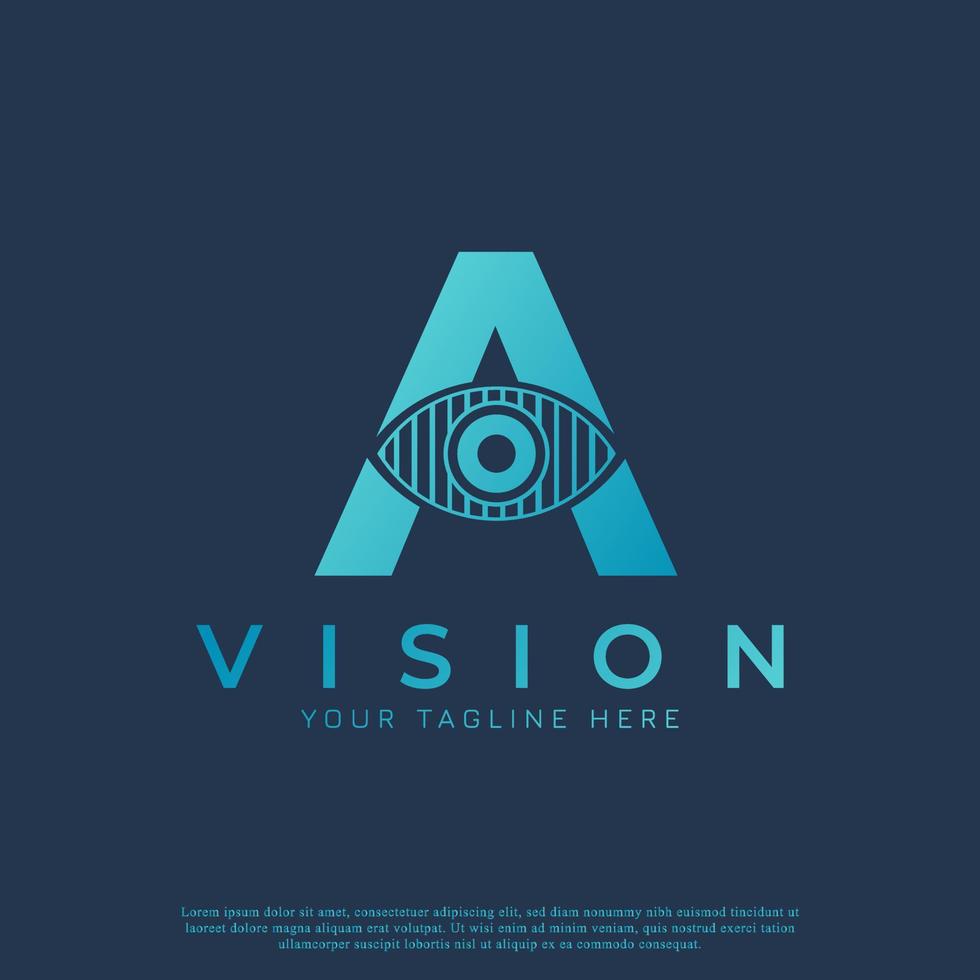 abstrakter buchstabe ein auge vision logo. blaue geometrisch gestreifte Linien Augensymbol mit Augapfel im Inneren. verwendbar für Geschäfts- und Technologielogos. Vektor-Logo-Design-Ideen-Vorlage vektor