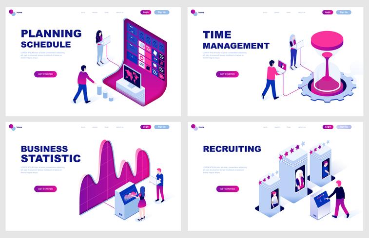 Set med isometrisk målsida mall för planering, tidshantering, statistik, rekrytering. Modern vektor illustration isometriska koncept dekorerade människor karaktär för webbutveckling.