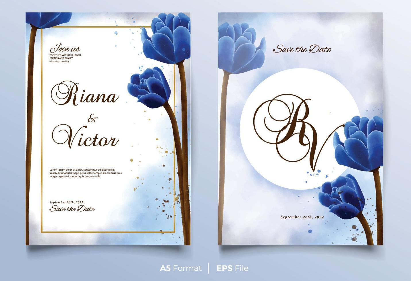 akvarell bröllopsinbjudan med blå blomma vektor