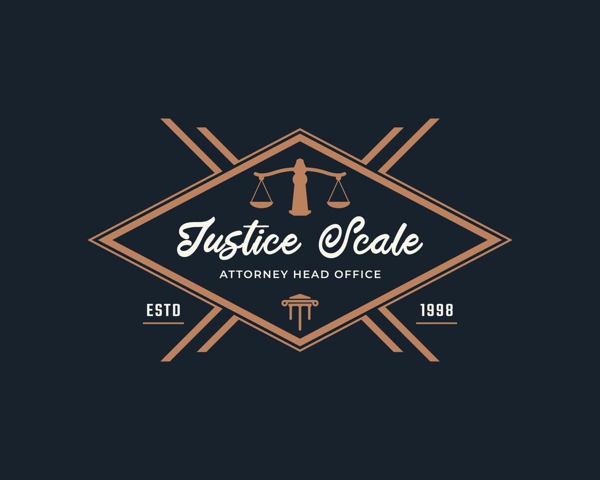 rustikaler Vintage-Retro-Etikettenabzeichen-Emblem-Gerechtigkeitsskala-Stempel für die Inspiration des Anwaltslogo-Designs vektor