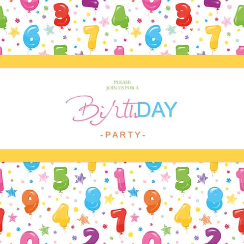 Födelsedagsfest inbjudningskort för barn. Inkluderat sömlöst mönster med blanka färgstarka ballongnummer. vektor