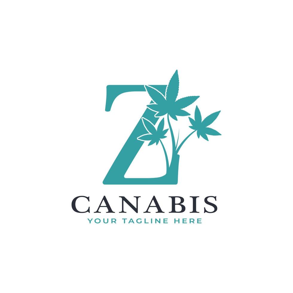 buchstabe z grünes canabis-logo-alphabet mit medizinischem marihuanablatt. verwendbar für Firmen-, Wissenschafts-, Gesundheits-, Medizin- und Naturlogos. vektor
