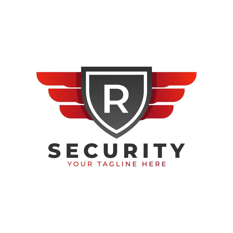Sicherheitslogo. anfängliches r mit flügeln und schildsymbol. Auto- und Automobil-Vektor-Logo-Vorlage vektor