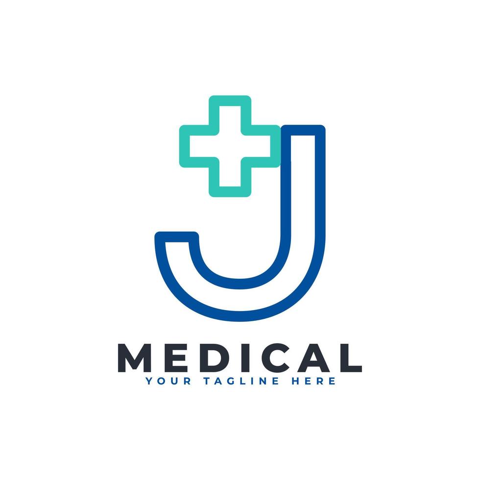 bokstaven j kors plus logotyp. linjär stil. användbar för logotyper för företag, vetenskap, hälsovård, medicin, sjukhus och natur. vektor