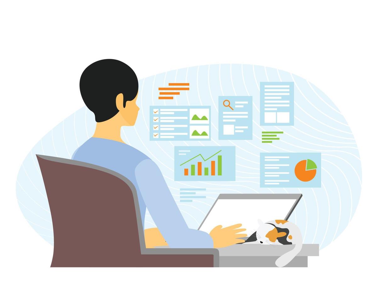 illustration av en man som arbetar hemma med bärbar dator som analyserar digital marknadsföringsstrategi vektor