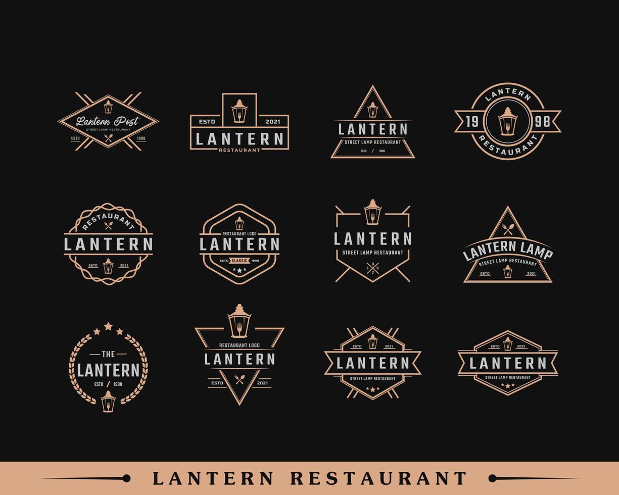 Satz klassischer Vintage-Retro-Label-Abzeichen für Laternenpfosten-Straßenlaterne mit Gabel-Restaurant-Logo-Design-Inspiration vektor