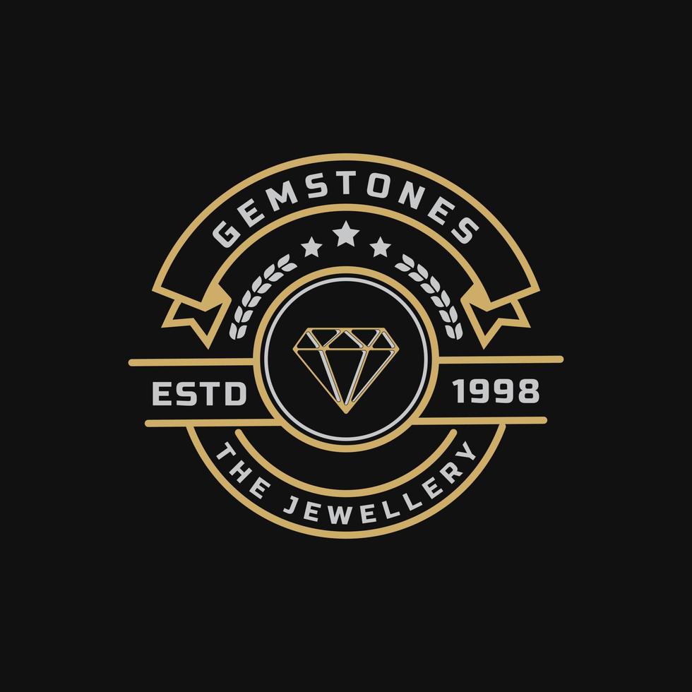 vintage retro-abzeichen für luxus-linienkunst diamant-edelstein-schmuck-logo-emblem-design-symbol vektor