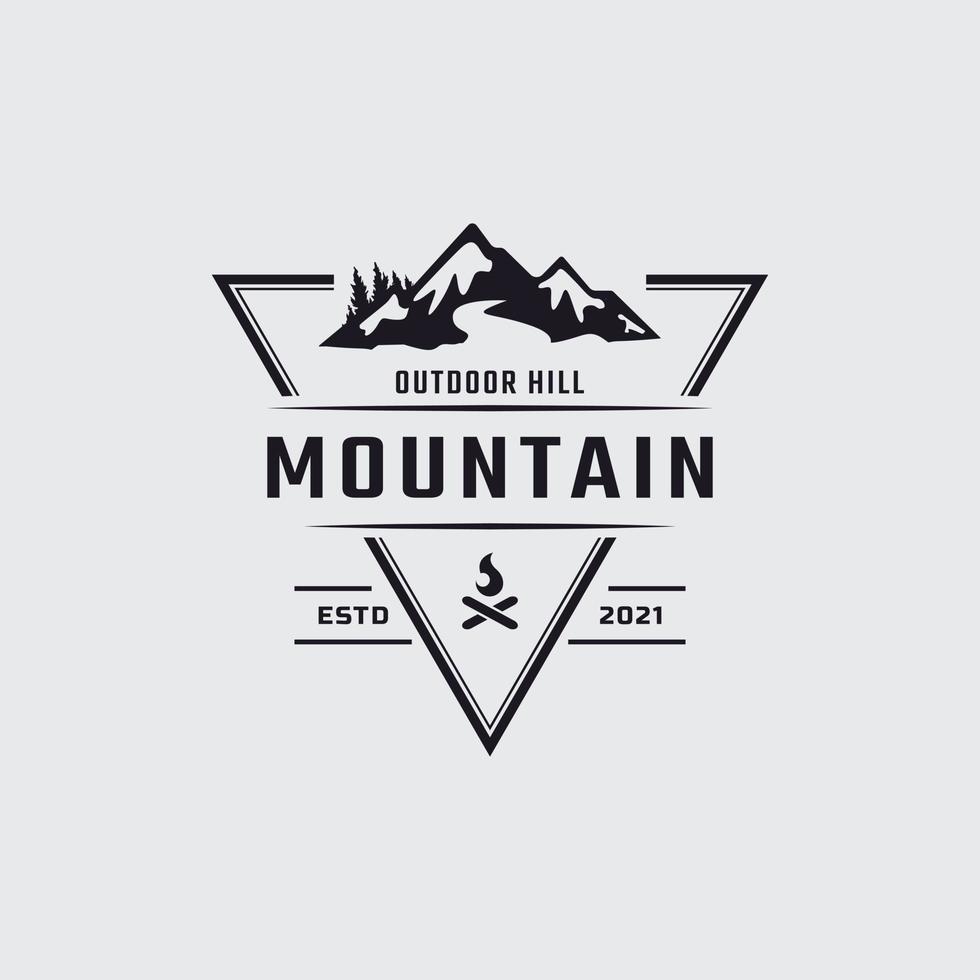 vintage klassiska emblem badge is snö steniga berg symbol. creek river mount peak hill natur landskap vy logotyp design inspiration vektor