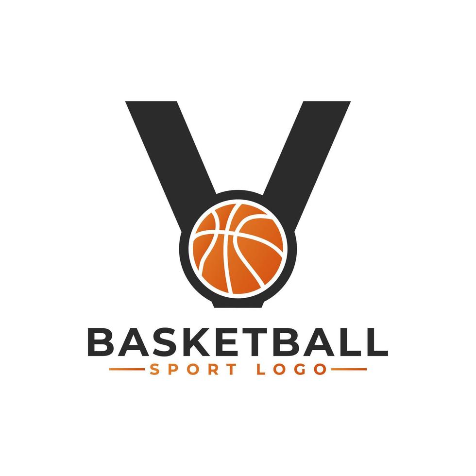 bokstaven v med basket logotyp design. vektor designmallelement för sportlag eller företagsidentitet.