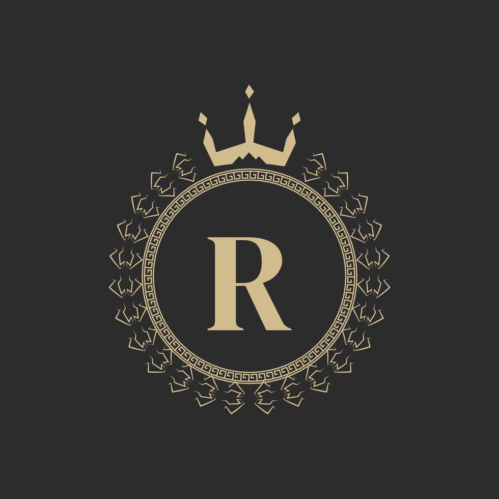 initial bokstav r heraldisk kunglig ram med krona och lagerkrans. enkelt klassiskt emblem. rund sammansättning. grafik stil. konstelement för logotypdesign vektorillustration vektor