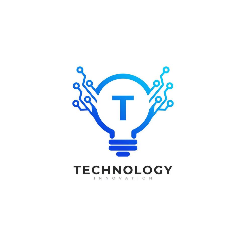 buchstabe t innerhalb der lampe birne technologie innovation logo design template element vektor