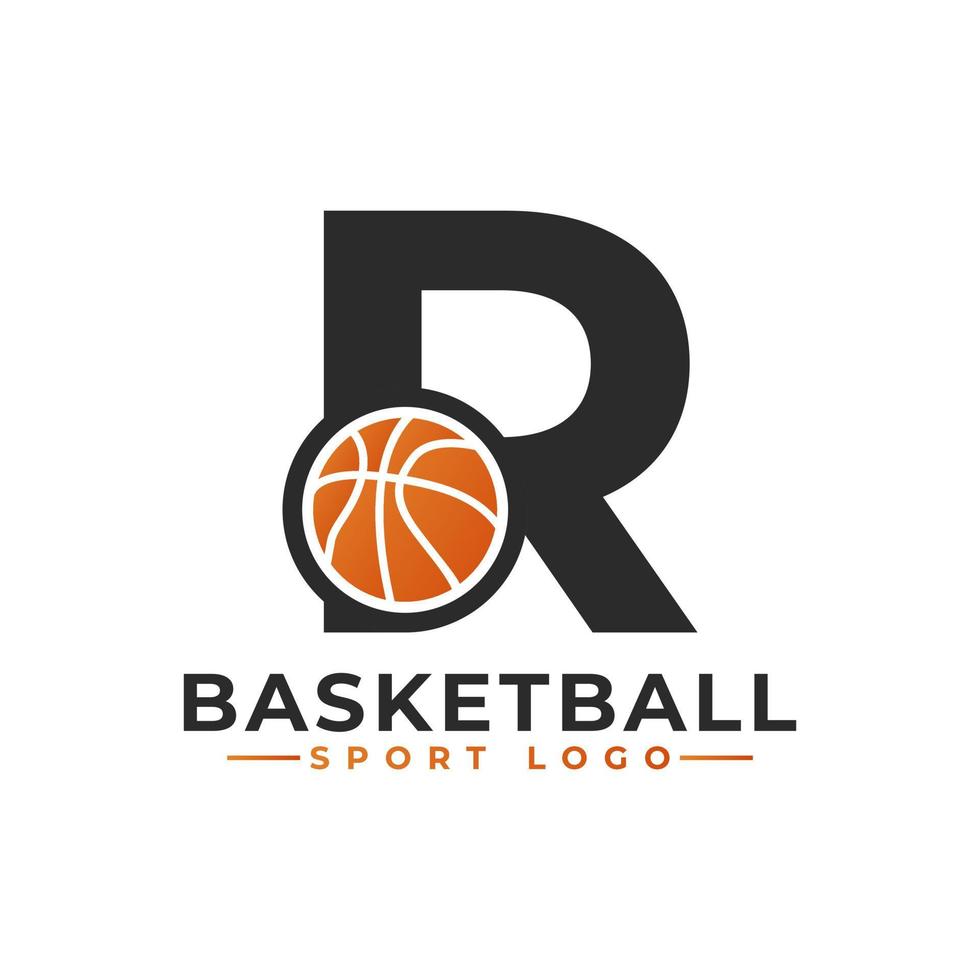 bokstaven r med basket logotyp design. vektor designmallelement för sportlag eller företagsidentitet.