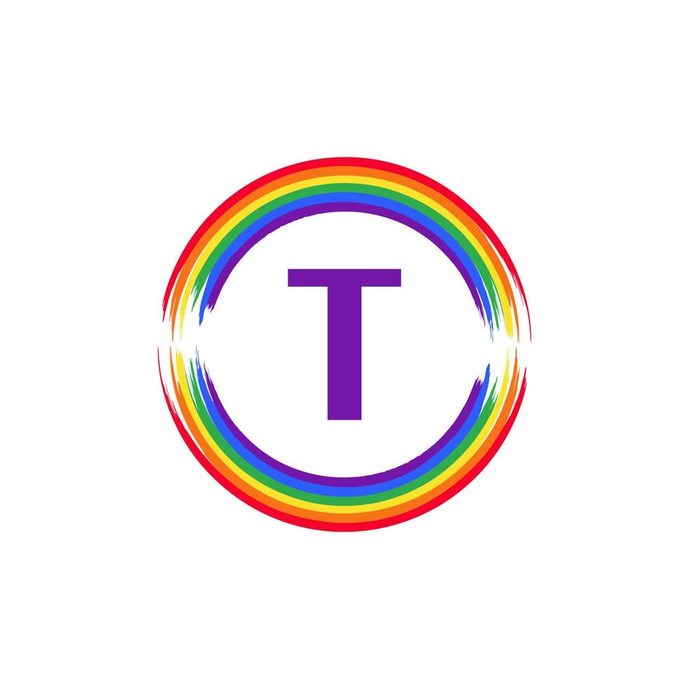 buchstabe t innen kreisförmig gefärbt in regenbogenfarbe flaggenpinsel logo design inspiration für lgbt-konzept vektor