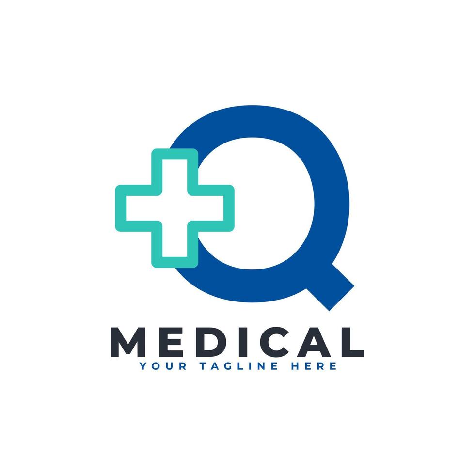 bokstaven q kors plus logotyp. användbar för logotyper för företag, vetenskap, hälsovård, medicin, sjukhus och natur. vektor