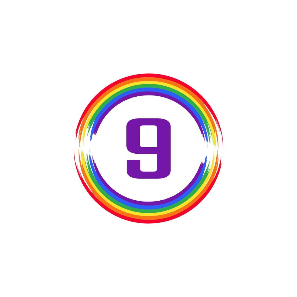 nummer 9 inuti cirkulär färgad i regnbågsfärg flagga borste logotyp design inspiration för hbt-koncept vektor