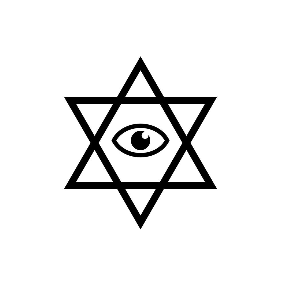 jüdischer sechseckiger stern mit allsehendem auge gottes heilige geometrie religionssymbol. dreieckige Pyramide. neue Weltordnung. handgezeichnete Alchemie, Religion, Spiritualität, Okkultismus. Vektor isoliert auf weiß