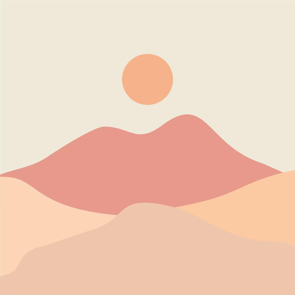 abstrakter zeitgenössischer ästhetischer hintergrund mit wüste, bergen, sonne. Erdtöne, gebranntes Orange, Terrakotta-Farben. Boho-Wanddekoration. Landschaften mit Sonnenaufgang, Sonnenuntergang. Erdtöne, Pastellfarben. vektor