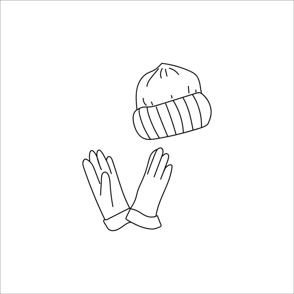 warme Mütze und Handschuhe. Illustration im Doodle-Stil. Symbole für einen gemütlichen Herbst und Winter. schwarzer Umriss isoliert auf weißem Hintergrund. vektor