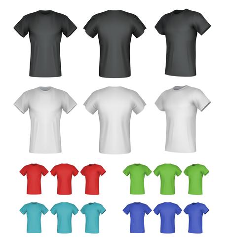 Vanliga manliga t-shirtmallar. Isolerad bakgrund. Bak, framsida, sidovyer. vektor