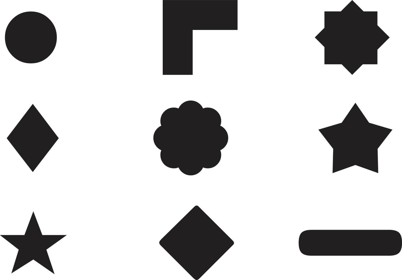 geometrische Formen schwarze Silhouette Icon-Set. umriss cartoon abstrakte leere vorlage für sprechblase, nachrichtenballon, textnotizabzeichen, preisschild, papierspeicheraufkleber, denken sie wolkenrahmen, webbanner vektor