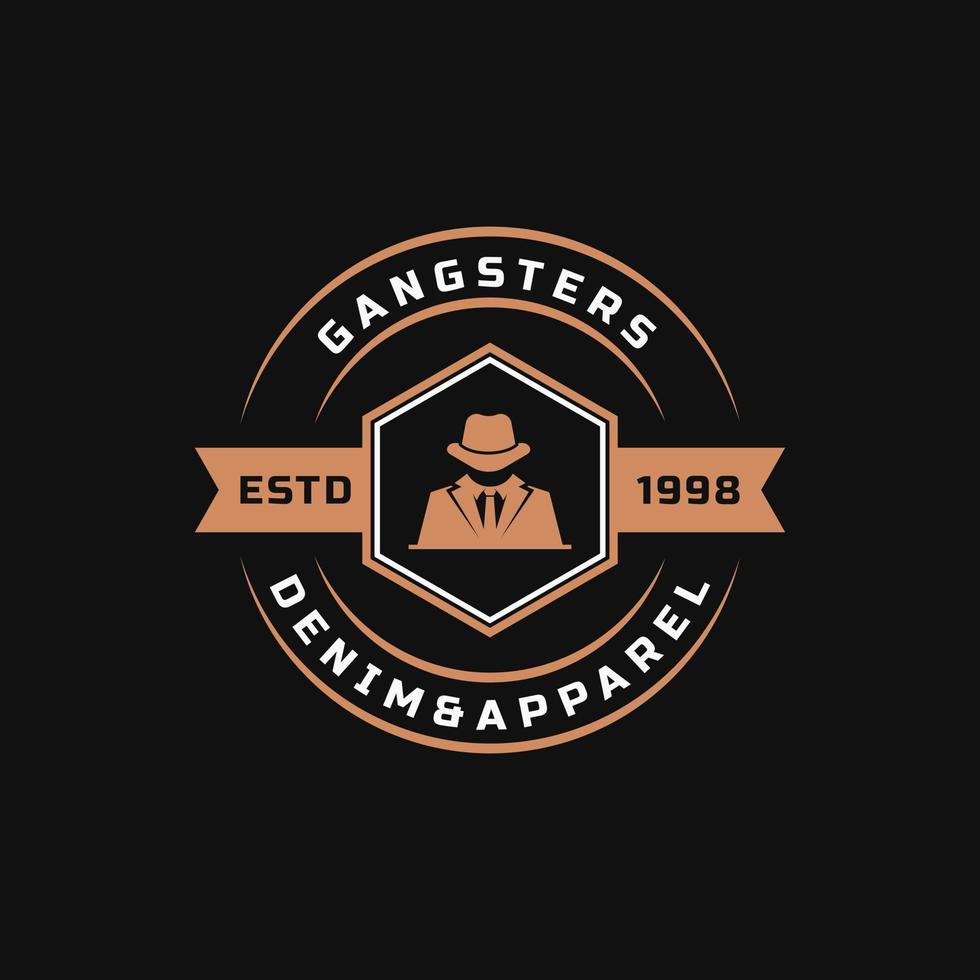 vintage retro märke för gangsters och maffiaman i svart kostym logotyp emblem designsymbol vektor