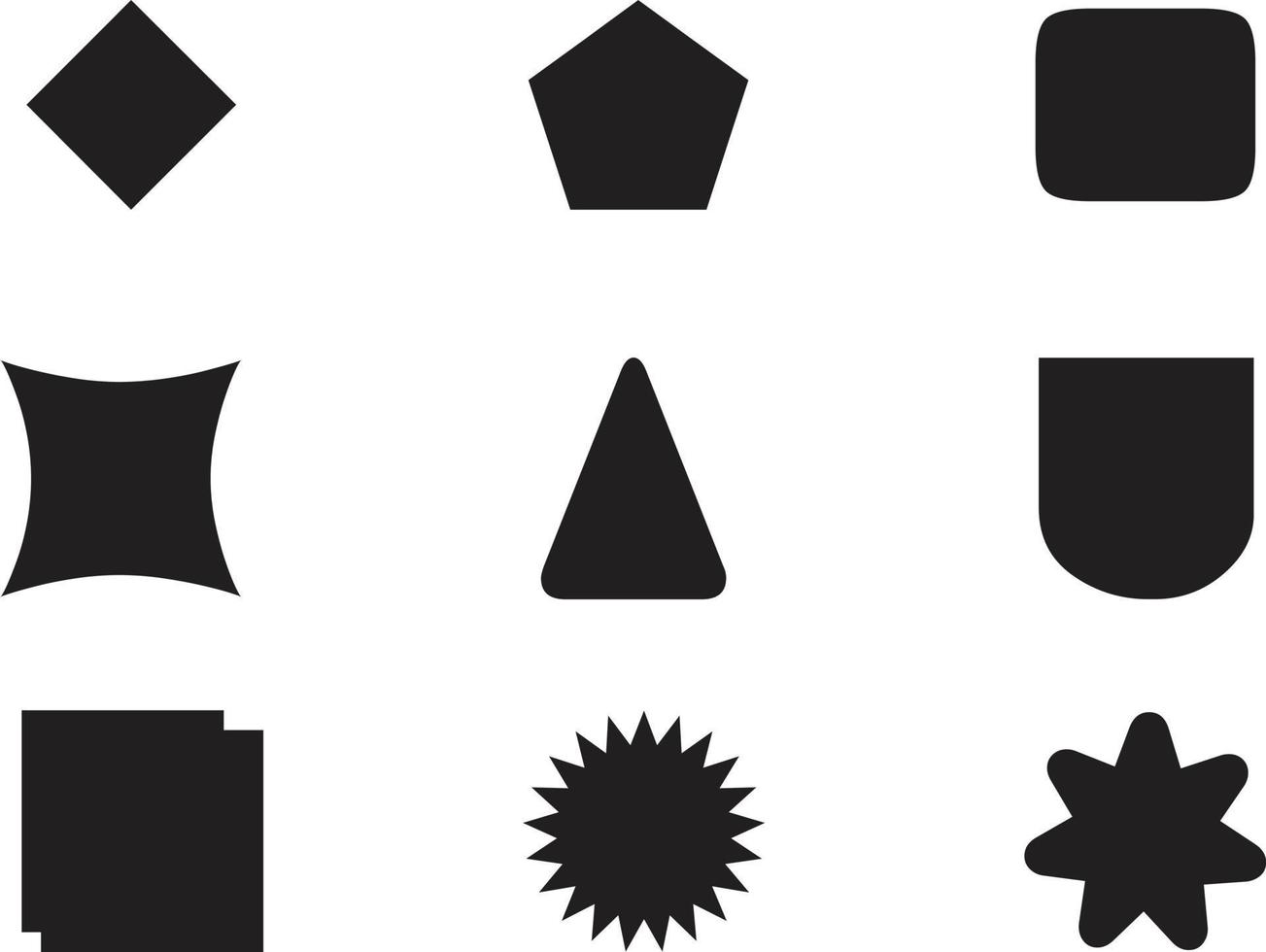 geometrische Formen schwarze Silhouette Icon-Set. umriss cartoon abstrakte leere vorlage für sprechblase, nachrichtenballon, textnotizabzeichen, preisschild, papierspeicheraufkleber, denken sie wolkenrahmen, webbanner vektor