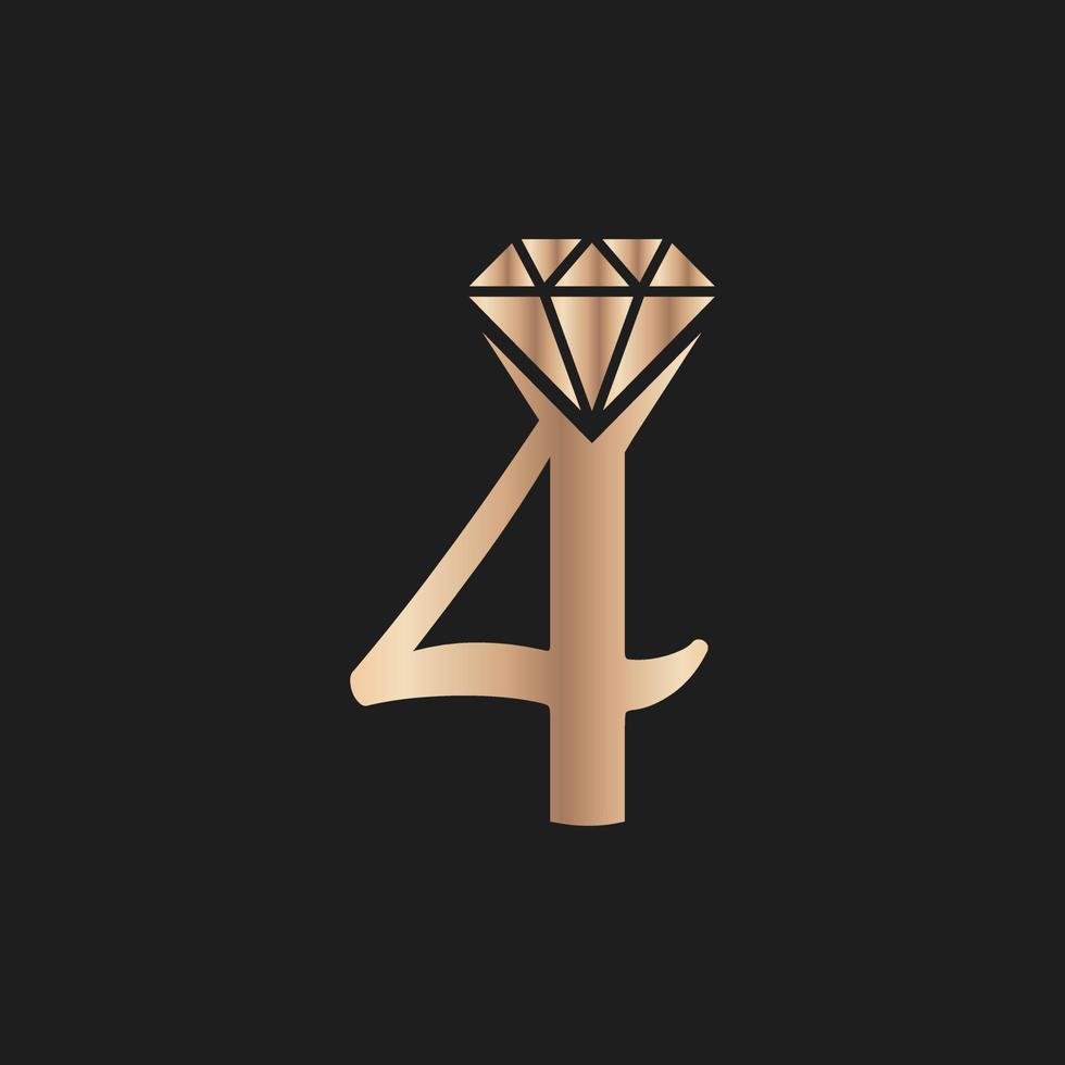 goldene Zahl Luxus 4 mit Diamantsymbol. Inspiration für Premium-Diamant-Logo-Design vektor