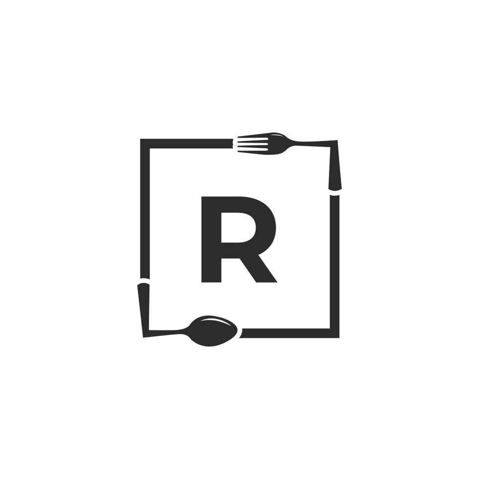 restaurangens logotyp. initial bokstav r med sked gaffel för restaurang logotyp ikon designmall vektor