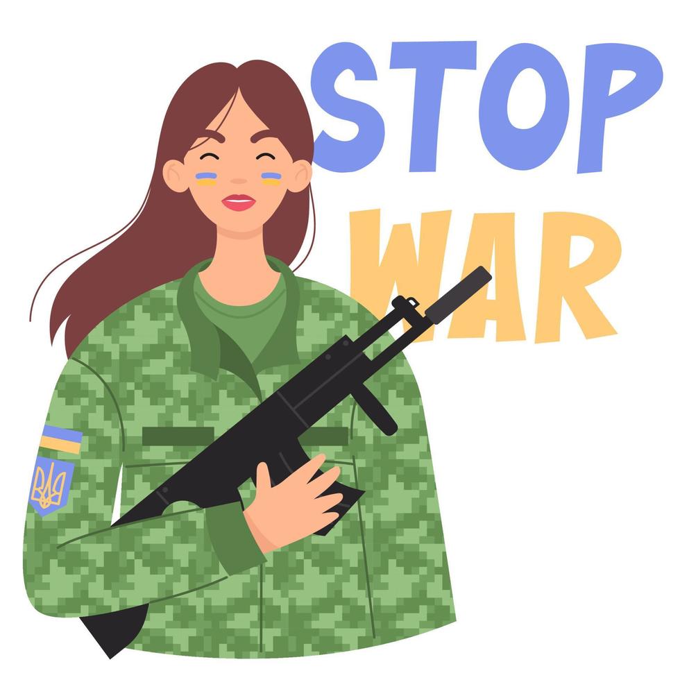 ukrainsk kvinna soldat. militär kvinna med pistol eller gevär. stoppa kriget i Ukraina. vektor