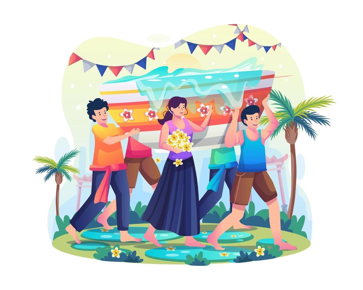 människor bär tillsammans en gigantisk skål med vatten för att fira Songkran-dagen. thailand traditionellt nyår. platt stil vektorillustration vektor