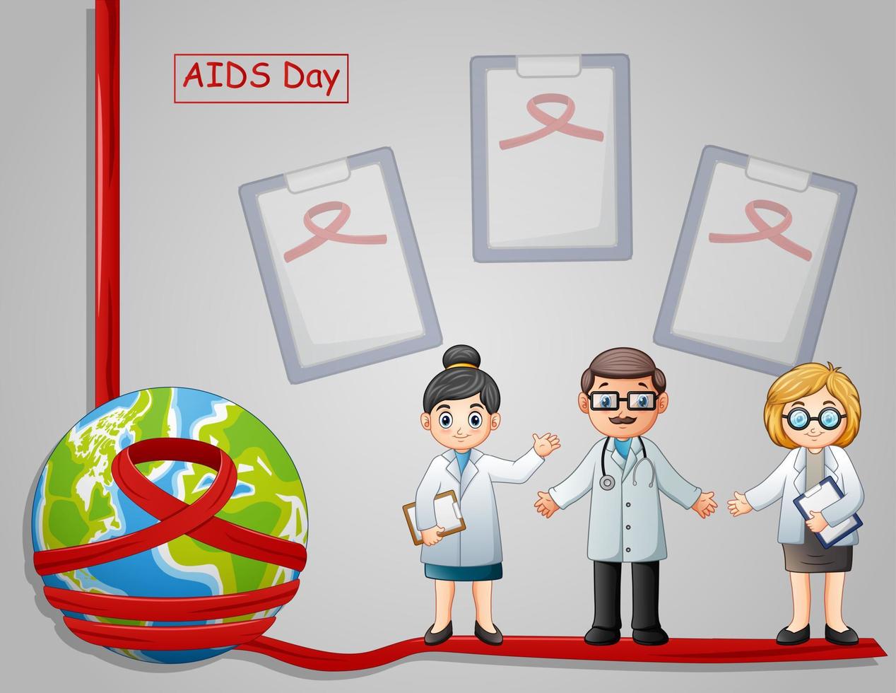 World aids day medvetenhet rött band tecken med manliga och kvinnliga läkare vektor