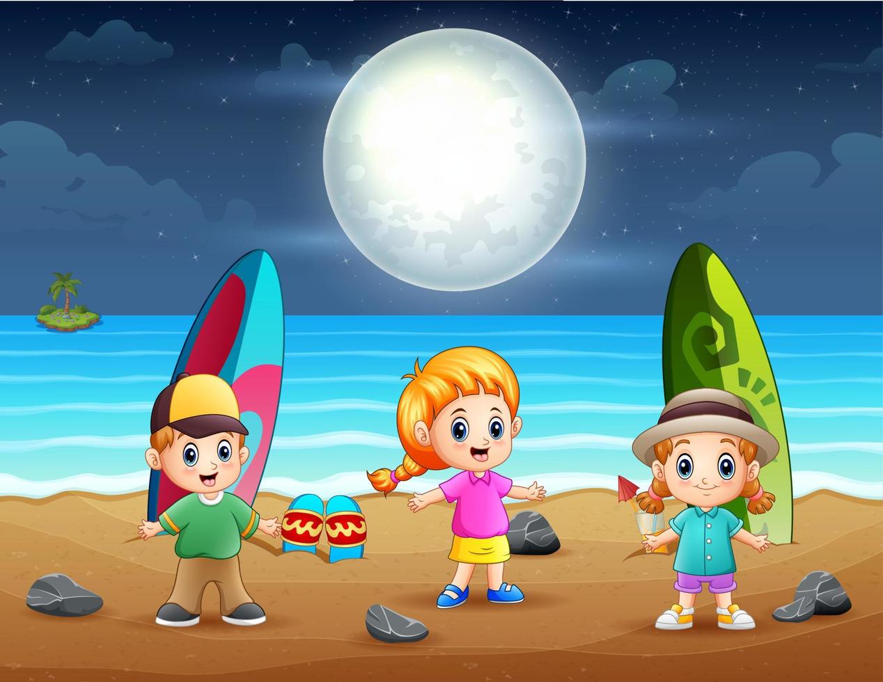 glada små barn som leker på stranden på natten vektor